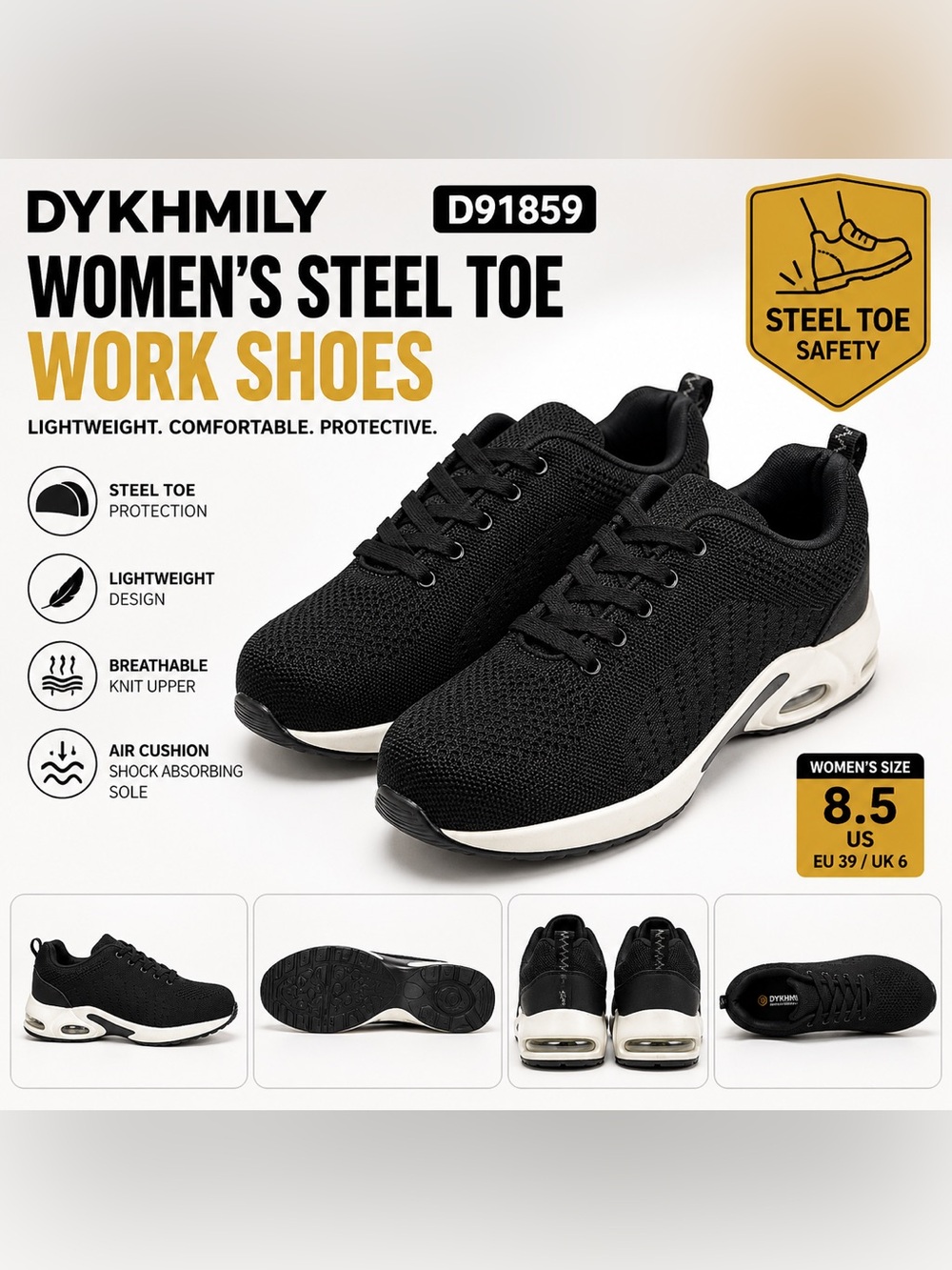 DYKHMILY D91859 Women’s 8.5 Steel Toe Work Shoes Black Air Cushion Safety